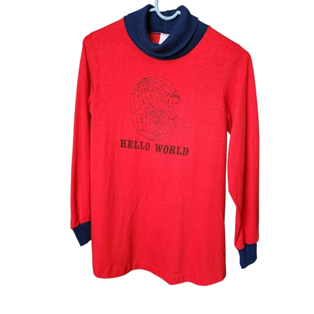 HELLO WORLD vintage 70s red mock neck tee globe print made in‎ USA S kawaii